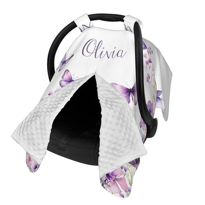 Personalized Baby Car Seat Canopy with Name – Custom Butterfly Purple Minky Nursing Cover for Girls, Soft Stroller Cover for Infants & Newborns, Carseat Canopy for Breastfeeding