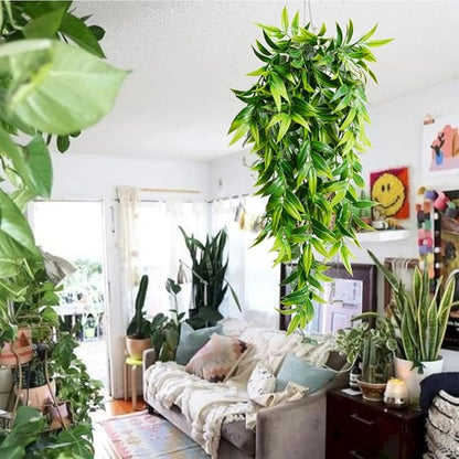 SzJias Artificial Hanging Plants Fake Bamboo Leaves Plants Fake Hanging Plants for Patio Porch Outdoor Plants Decor (2 Pcs)
