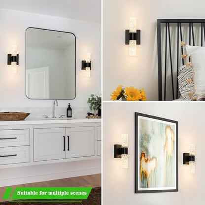 Black Sconces Wall Decor Set of 2, Crystal Bathroom Vanity Light Fixture, Modern Hardwired Wall Sconce Light Over Mirror, LED Sconces Wired for Bedroom Hallway Stairwells