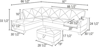 L-Shaped Sectional Sofa with Ottoman, Right-Facing Modern Microfiber Couch for Living Room, Bedroom, Office, Espresso
