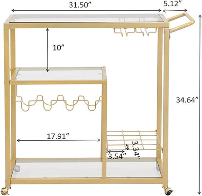 Rolling Bar Carts Gold with Wheels,Home Bar Serving Cart with Glass Wine Holders 3 Tier for Kitchen Home, Party,Dining Room