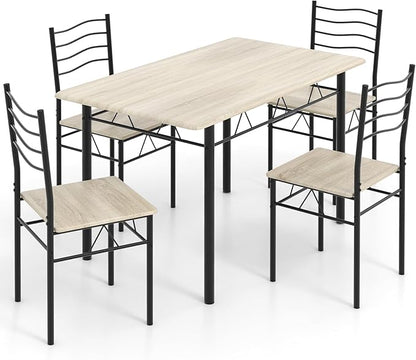 5 PCS Dining Table Set Counter Height Table and Chairs Set W/Steel Structure Dining Desk, 4 High Backrest Chairs & Anti-Slip Pads Dining Furniture Set for Kitchen and Restaurant(Beech Wood)