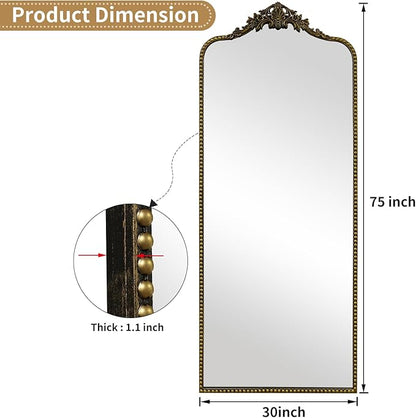 G-LEAF Vintage Baroque Full Length Floor Mirror 75"X30", Victorian Antique Mirror with Brush Black Ornate Metal Frame for Fireplace Entryway Living Room Hallway Bathroom