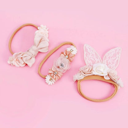 cherrboll 3pcs Baby Girl Flower Headbands, Super Soft & Stretchy Nylon Floral Bunny Ear Hairbands Easter Gift for Newborn Toddler