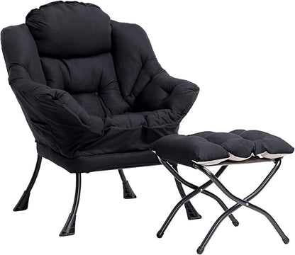HollyHOME Fabric Lazy Chair with Foldable Ottoman, Accent Comfy Lounge Arm Chair and Folding Footrest Stool Set, Leisure Sofa Reading Chair and Footstool for Living Room, Bedroom, Dorm, Matte Black