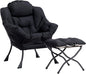 HollyHOME Fabric Lazy Chair with Foldable Ottoman, Accent Comfy Lounge Arm Chair and Folding Footrest Stool Set, Leisure Sofa Reading Chair and Footstool for Living Room, Bedroom, Dorm, Matte Black