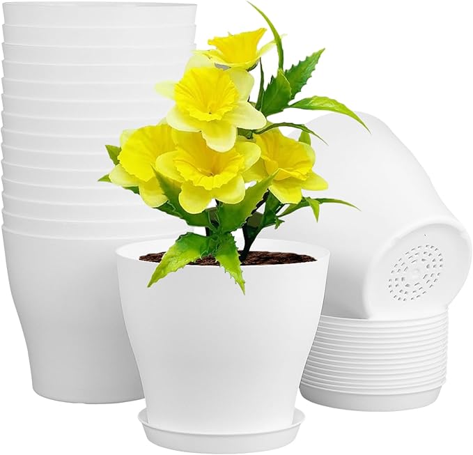6 inch Plastic Nursery Pots, 16 Pack Plant Pots for Small Indoor Outdoor Plants, Flower Pots with Drainage Holes and Saucers, Decorative Seedling Starter Planters for House Plants, White