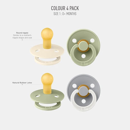 BIBS Colour Soother 4-Pack | BPA Free Dummy Pacifier | Round Nipple | Natural Rubber Latex | Made in Denmark | Size 0-6 Months | Sage Glow Mix
