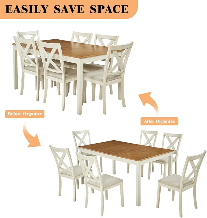 7-Piece Farmhouse Solid Wood Dining Table Set with 6 Chairs, 60" Rectangular Dining Table & Chair Set for 6 People, Dining Table with Wood Legs, Table Set for Dining room, Kitchen, Rustic Cream
