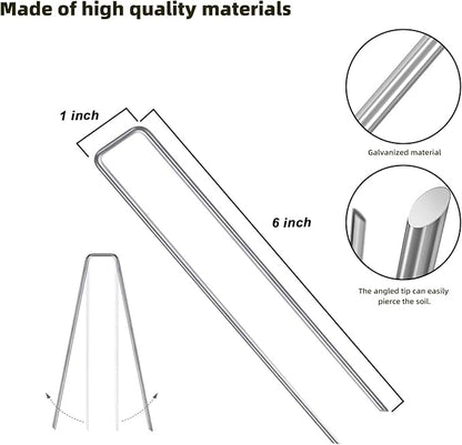 100 Pack Sturdy Garden Landscape Staples, 6 Inch Galvanized Steel Sod Pins Anti-Rust Stakes for Weed Barrier, Christmas Decorations and Landscaping Fabric.