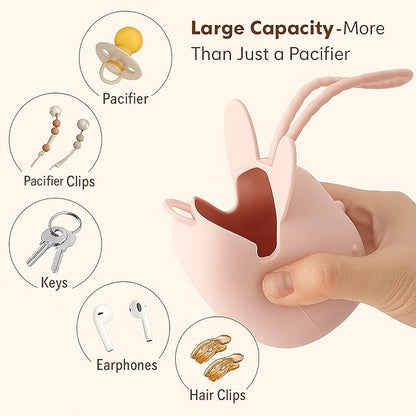 ROCCED Pacifier Holder Case Silicone Bunny Design Pacifiers Pouch with Soft Silicone Strap, Travel Storage for Stroller & Diaper Bag, Pacifier Holder Pouch for Baby, Set of 3 Beige Dusty Green Brown