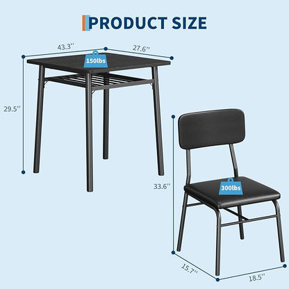 3-Piece Dining Table Set for 2, Wood Kitchen Table Set with Built-in Storage Rack,Small Kitchen Table with Upholstered Chairs and Metal Frame for Small Spaces，Black Wood Grain Color