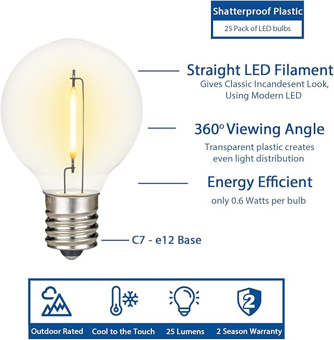 Novelty Lights 25 Feet G40 LED Patio String Light Set with 25 Bulbs, Warm White, Weather Resistant and Shatterproof Replaceable Plastic Globe Bulbs, White Wire