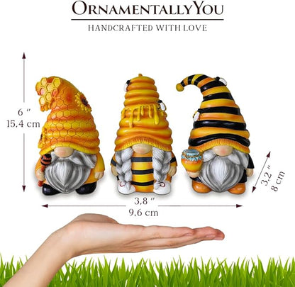 OrnamentallyYou Spring & Summer-Themed Garden Statues – Adorable Outdoor Decor for Lawn, Patio & Porch (Buzzy Trio Set of Three Bumble Bee Gnome Figurines, 6" Tiered Tray Home or Garden Decoration)