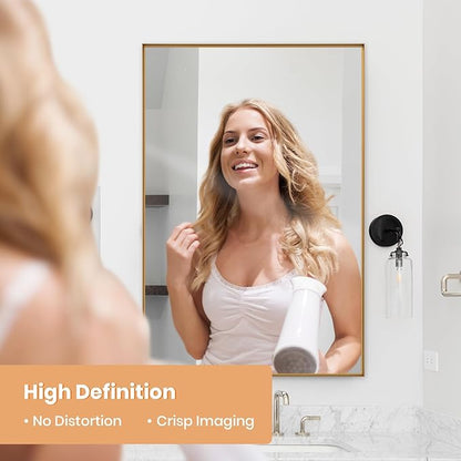 Melodieux Wall Vanity Bathroom Mirror for Over Sink, 30"x40" Rounded Rectangle Metal Deep Frame Wall Mounted Mirror Wall Decor for Living Room Hallway, Gold