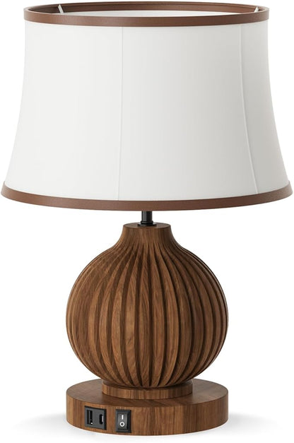 JESLED 18" Vintage Walnut Wooden Table Lamp for Living Room,Farmhouse Rustic Bedside Lamp for Bedroom Room,Office, End Table Home Decor