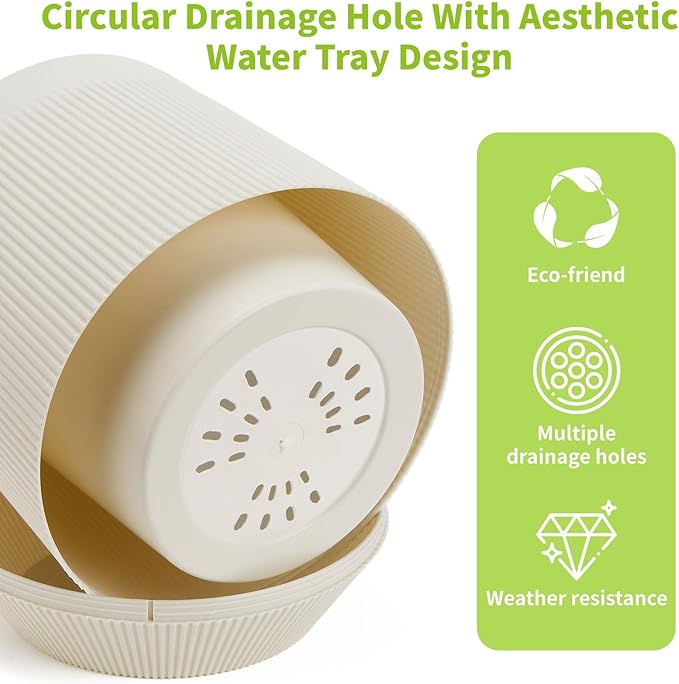Plant Pots，Set of 3 Plastic Pots for Indoor Plants,Flower Pots Outdoor Planters with Drainage Hole and Seamless Saucer, White,Milky-Yellow,Gray