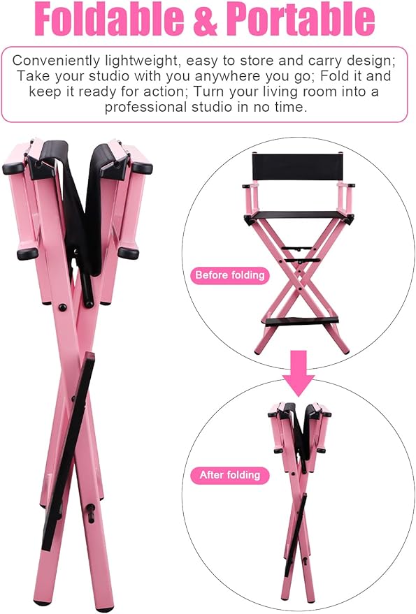 Lorvain Folable Makeup Artist Stool Chair, Protable Tall Folding Directors Chair, Aluminum Makeup Chair with Head Rest for Studio Salon Vanity, Bar Height - Pink Chair