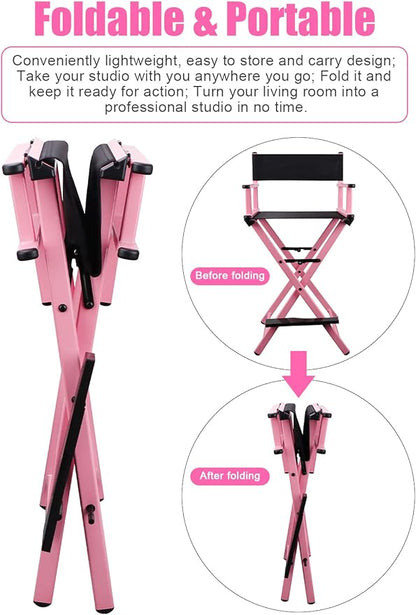 Lorvain Folable Makeup Artist Stool Chair, Protable Tall Folding Directors Chair, Aluminum Makeup Chair with Head Rest for Studio Salon Vanity, Bar Height - Pink Chair