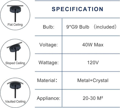 Depuley Modern Black Sputnik Chandelier: 9-Light Crystal Glass Chandelier for Dining Room - Kitchen Table Light Fixture Mid Century Hanging Lamp Height Adjustable for Foyer (Included G9 Bulbs)