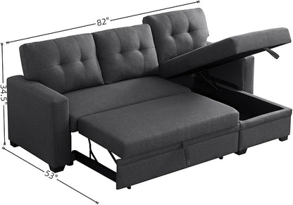L-Shape Sofa Bed, 82" Sectional Couch with Storage Chaise, Pull Out Sleeper Sofa with Removable Back Cushions, Convertible Corner Couch for Living Room Apartment, Dark Gray