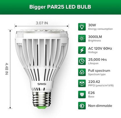 SANSI 250W Equivalent LED Grow Light Bulb, PAR25 30W 5000K+660nm Full Spectrum Grow Bulb for Indoor Plants, 25,000 Hours Lifespan Plant Lights with E26 Base