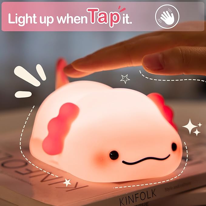 Axolotl Night Light for Kids, Rechargeable Cute Squishy lamp - Silicone Adorable Christmas Axolotl Gifts for Kids - Nightlight Nursery Animal Touch Light - Bedroom Decor for Boy, Girls
