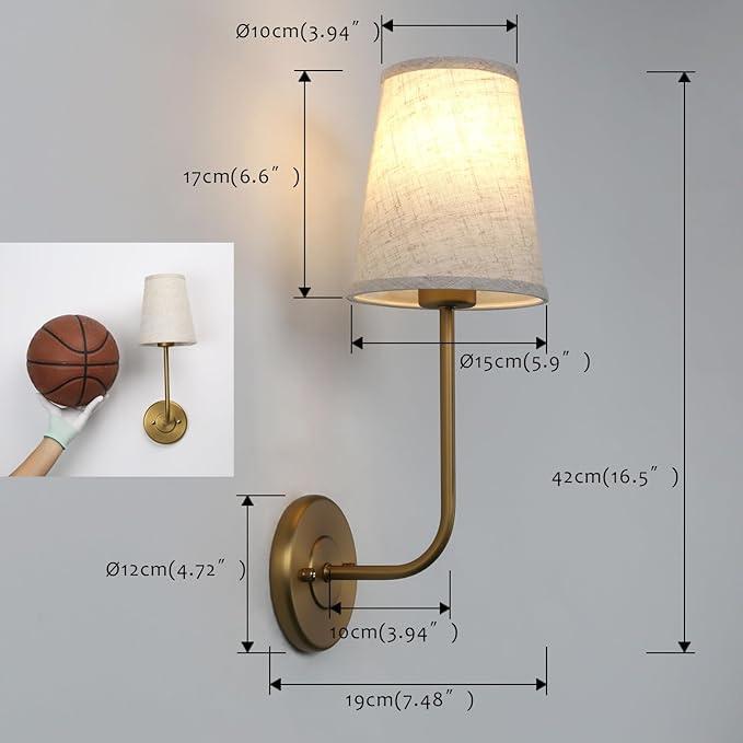 Pathson Set of 2 Vintage Wall Sconces Linen Fabric Shade, Hardwired Bathroom Vanity Lights Brass Finish, Industrial Wall Mounted Fixtures for Bedroom Living Room (Antique Brass)