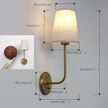 Pathson Set of 2 Vintage Wall Sconces Linen Fabric Shade, Hardwired Bathroom Vanity Lights Brass Finish, Industrial Wall Mounted Fixtures for Bedroom Living Room (Antique Brass)