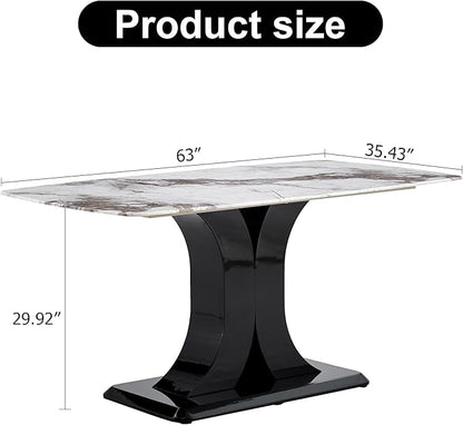 Modern Dining Table Set for 6, Marble Kitchen Table Chair Set for 6, Rectangular Kitchen Table with 6 Pu Leather Upholstered Chair for Dining Room