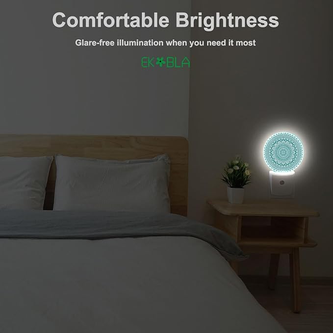 EKOBLA Mandala Plug-in Night Light, Teal Green Floral Mandala LED Nightlight with Dusk to Dawn Sensor for Kids, Adults & Grandparents