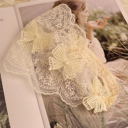 Baby Girls Headband Lacy Bow Pearl Wide Hair Band Turban for Infants Newborn Toddler Floral Ivory Elastic Head Wrap Breathable Sun Bonnet Hair Accessories (Ivory B)