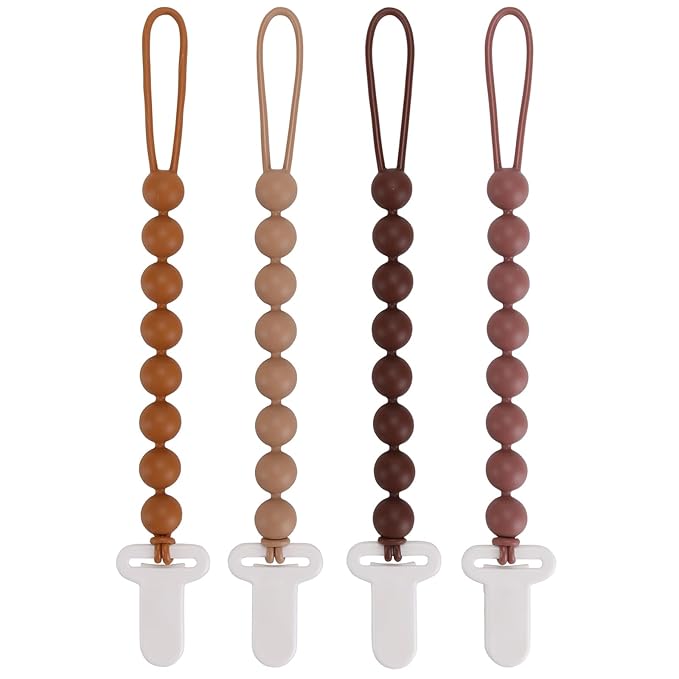 4-Pack Silicone Pacifier Clips with One-Piece Beads for Baby Boys and Girls - Flexible and Rust-Free Holders for Teething Relief and Baby Essentials, Safe for Newborns (Brown)