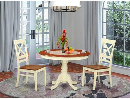 East West Furniture HLQU3-BMK-W 3 Piece Dining Room Table Set Contains a Round Kitchen Table with Pedestal and 2 Dining Chairs, 42x42 Inch, Buttermilk & Cherry