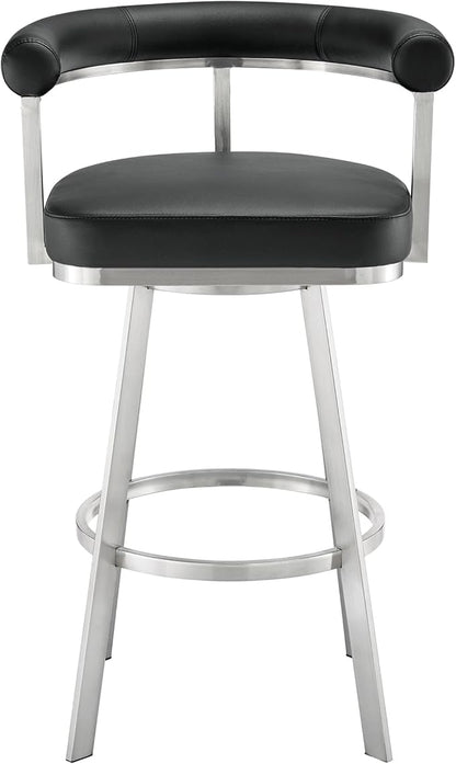 Armen Living Magnolia Swivel Bar Stool in Brushed Stainless Steel with Black Faux Leather