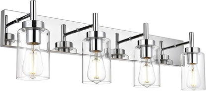 VINLUZ Modern Bathroom Lighting with Clear Glass Shade 4-Light Vanity Light Fixtures Chrome Finished Industrial Wall Light Sconces for Bedroom Hallway (Patent No.: US D958,438 S)