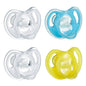 Tommee Tippee Ultra-Light Silicone Pacifier, 6-18 Months, Symmetrical One-Piece Design, BPA-Free Silicone Binkies, Clear/Blue/Yellow, Pack of 4