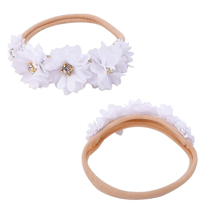 Baby Girl Nylon Headbands Flower Hair Bows Accessories-Elastic Hair Band Crown Handmade FLoral Wraps Birthday Gifts for Girls Newborn Infant Toddler 3Pcs