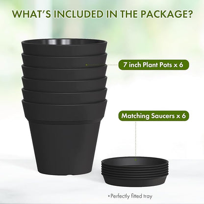 7 Inch Thick Plastic Plant Pots with Drainage Holes and Trays – 6 Pack Nursery Pots for Indoor & Outdoor House Plants, Seedling Starter Planters for Garden Flowers, Matte Black