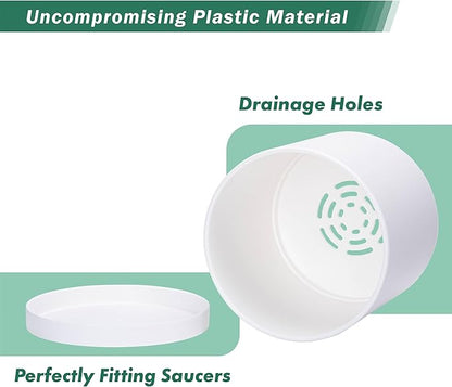 D'vine Dev 2 Pack 8 Inch Modern Plastic Plant Pots, Cylindrical Garden Planters for Plants with Drainage Holes and Saucers, White, 74-Z-M-1