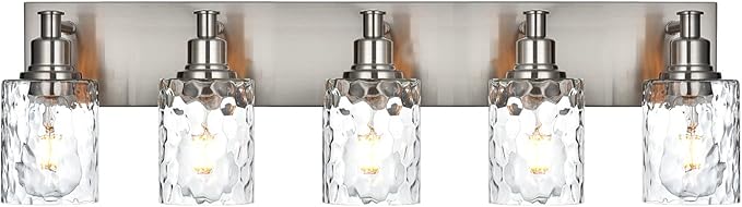 BONLICHT 5 Lights Sconces Wall Lighting Brushed Nickel with Hammered Glass Shade, Industrial Bathroom Light Fixtures Vanity Lights Porch Light Fixtures Classic Metal Wall Mount Lamp Over Mirror