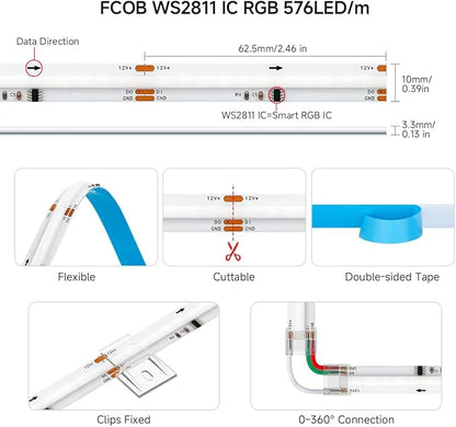 BTF-LIGHTING FCOB WS2811 IC RGB COB LED Strip DC12V 576LED/m 16.4FT Flexible High Density Color Chasing Uniform Light 16IC/m 10mm Width for Indoor Lighting Project(No Adapter or Controller)