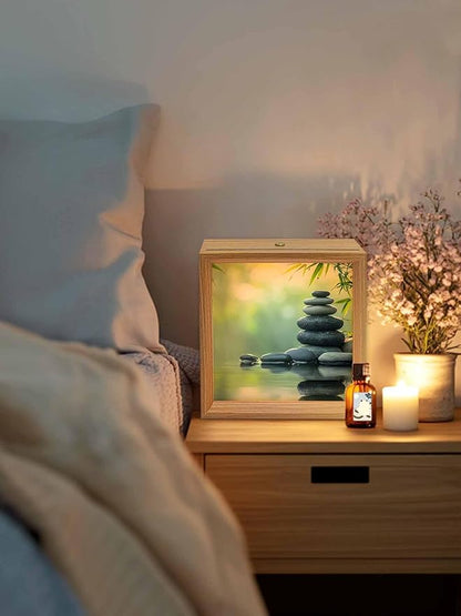 Wood Night Light Box 4.5x4.5in,Zen Meditation Stone Lake Table Lights Wooden Picture Frame with USB Rechargeable Touch LED Lights for Home Decor Desktop Display,Nature Landscape Still Life