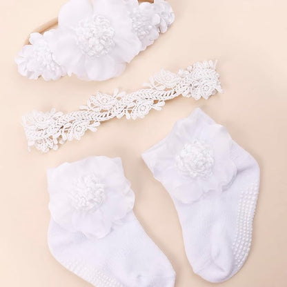 cherrboll Baby Girl Headbands and Socks Set, 3Pcs Soft Floral Hairbands Hair Bows Knit Socks for Newborn Infants Toddlers Photography Props Gifts