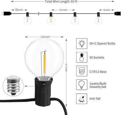 Brightown Led String Lights Outdoor 55Ft G40 Patio Lights with 52 Led Shatterproof Bulbs(2 Spare), Waterproof Led Globe Hanging Lights for Backyard Porch Bistro Balcony Decor, E12 Socket, 2200K