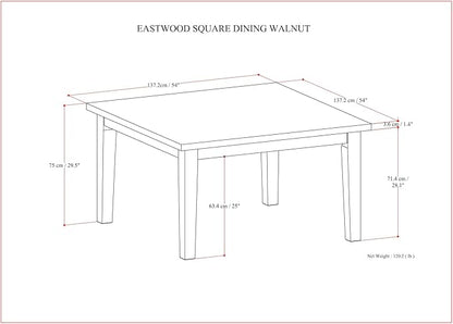 SIMPLIHOME Eastwood Square Dining Table, Solid Wood Walnut Veneer in Walnut, 54 x 54 inches, Contemporary-Style Large Square Kitchen Table for up to 8 People