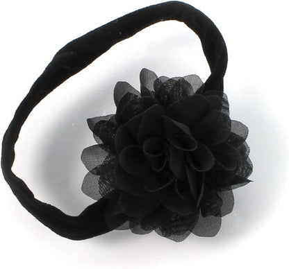 My Lello Baby Girl Rounded Petal Chiffon Flower Nylon Elastic Headbands Set 2pcs - Small - White/Black