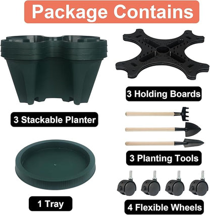 GameXcel Vertical Planter 3 Tier Stackable Planters Garden Planters Strawberry Herb Flower and Vegetable Planter Indoor Outdoor Gardening Pots with Removable Wheels and Tools