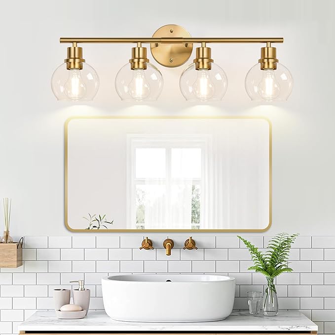 Indoi 4-Light Bathroom Light Fixtures,Gold Modern Vanity Lights Over Mirror with Clear Glass Globe Shade, Bathroom Wall Sconces for Mirror Kitchen Living Room Hallway Cabinet Bedroom Porch