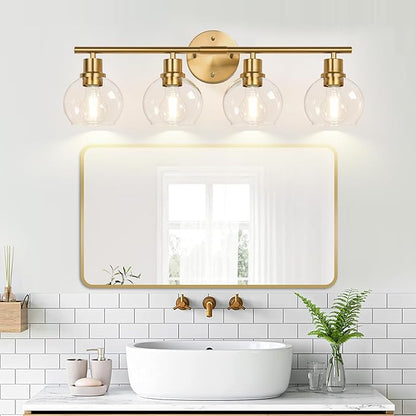 Indoi 4-Light Bathroom Light Fixtures,Gold Modern Vanity Lights Over Mirror with Clear Glass Globe Shade, Bathroom Wall Sconces for Mirror Kitchen Living Room Hallway Cabinet Bedroom Porch